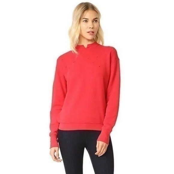 Helmut Lang Distressed Garment-Dyed Split-Neck Red Cotton Sweatshirt XS - Picture 1 of 10